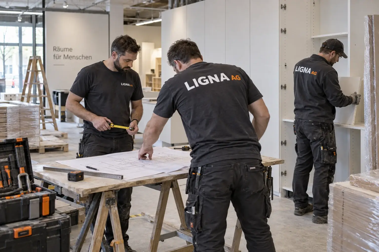 Montageteam der Ligna AG bei der gemeinsamen Vorbereitung am Arbeitstisch