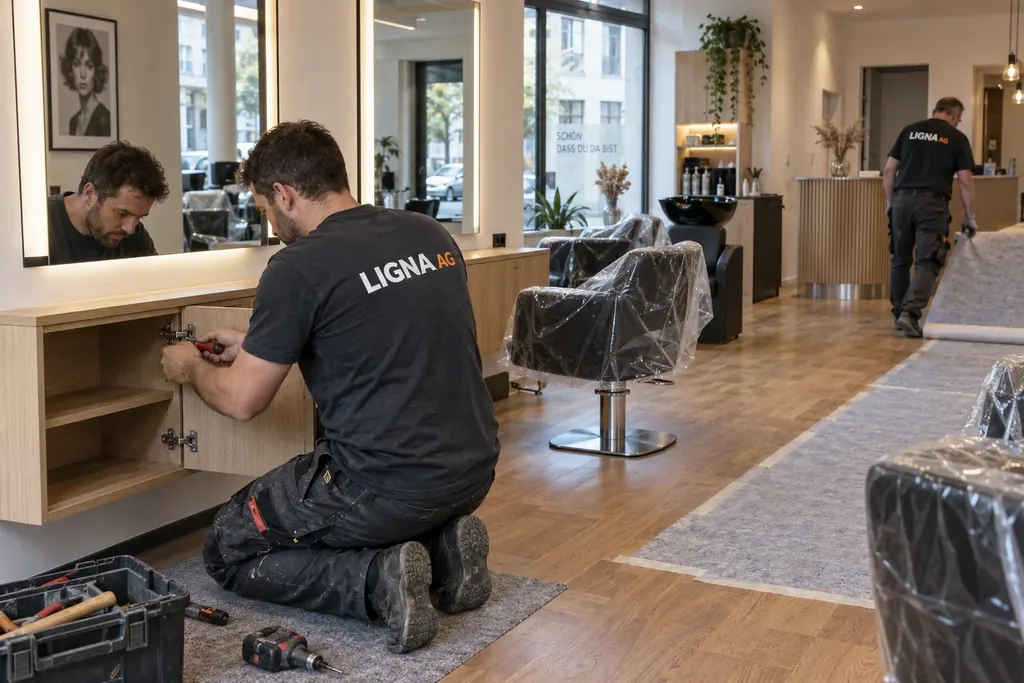 Komplett ausgebauter Coiffeursalon mit Saloneinrichtung, Parkett und Beleuchtung