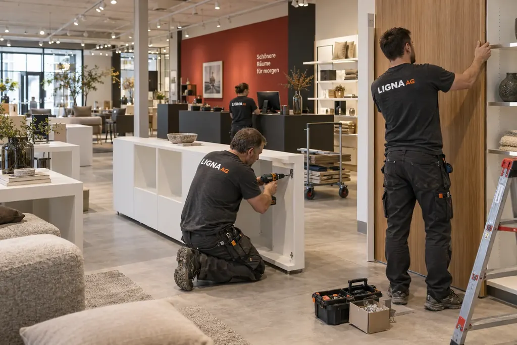 Fertig montierte Wohnwelt mit Präsentationswänden und Beleuchtung bei Möbel Pfister