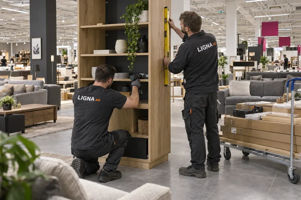 Neue Möbel-Präsentationszone mit Regalanlagen und Beleuchtung bei Mömax